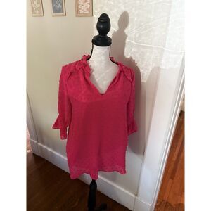 CeCe Hot Pink Swiss Dot Ruffle Blouse Size S V-Neck Bell Sleeve